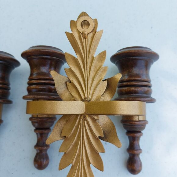 Homco Wood and Metal Sconce Wall Hanging Candle Sticks Set of 2 - Picture 4 of 4